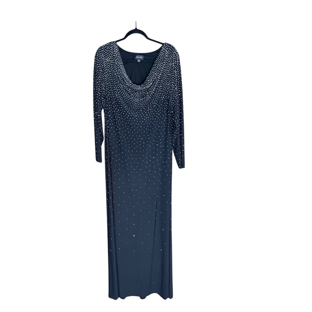 Xscape Maxi Dress Women 18W Black Excellent Embellished Cowl Neck Long Sleeve - Picture 2 of 13